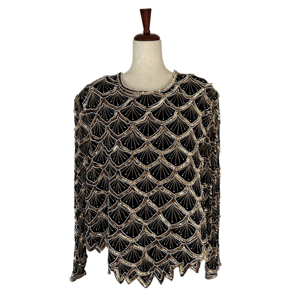 Laurence Kazar Women's Top 3X Vintage VTG Sequined Cocktail Beaded Scallop Shirt
